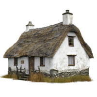 A ThatchedRoof Cottage in Rural Setting with Stone Foundation png