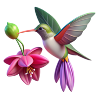 magnificent rustic A delicate hummingbird hovering near a vibrant fuchsia flower, bathed in the soft, diffused light of a cloudy day, in a detailed, botanical illustration style premium png