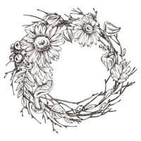 Autumn berries physalis, chokeberry, rowan leaves, maple, birch, mushrooms, rudbeckia flowers, tree branches. Graphic line art hand drawn with black ink. Round wreath, frame, template for text. vector