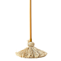 A Traditional String Mop with a Wooden Handle against a Light Background png
