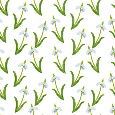 Snowdrops seamless pattern on white background. Spring. Awakening. Hand drawn illustration on white for fabric and paper design.