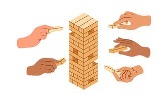 Wood stack balances game . A stack of wooden blocks with a hand reaching up to the top. The blocks are of different sizes and are piled on top of each other vector