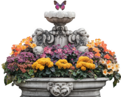 A fountain with flowers and butterflies on top png