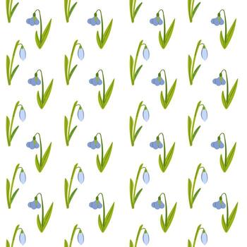 Snowdrops flowet seamless pattern on white background. Spring. Awakening. Hand drawn illustration on white for fabric and paper design.ation vector