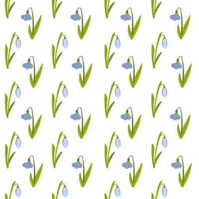 Snowdrops flowet seamless pattern on white background. Spring. Awakening. Hand drawn illustration on white for fabric and paper design.ation