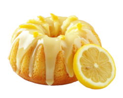 A bundt cake with lemon icing and a slice of lemon png