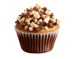 A cupcake with chocolate chips and nuts on top png