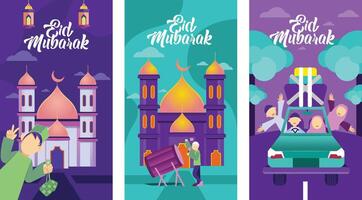 eid mubarak flat design set of banners with people and cars in the background vector
