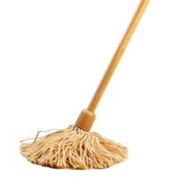 A CloseUp View of a Traditional String Mop with a Light Brown Wooden Handle png