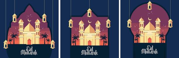 eid mubarak illustration set with mosque and lanterns vector