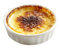 A small dish of creme brulee on a black background png