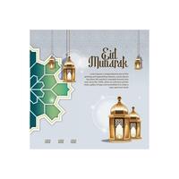 eid mubarak greeting card with lanterns and islamic design vector