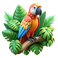 beautiful rustic A colorful macaw perched on a branch, surrounded by lush tropical foliage, illuminated by bright, tropical sunlight, in a vibrant, illustrative style 4K png
