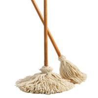 Two Traditional String Mops with Wooden Handles for Efficient Cleaning png