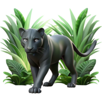 impressive modern A sleek panther stalking through a dense jungle, under the dim, filtered light of the rainforest canopy, in a mysterious, realistic style premium png