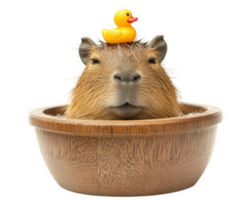 A capybara in a wooden bowl with a rubber duck on top png
