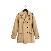 Classic tan trench coat on a hanger against a transparent background. Stylish outerwear for men and women. png