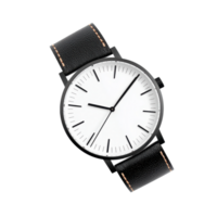 Elegant wristwatch with a white face and black leather strap on a transparent background. Timepiece concept. png