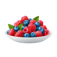Bowl of fresh raspberries and blueberries on a transparent background. Healthy eating and summer harvest concept. png