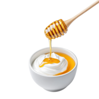 Honey dripping from a dipper into a bowl of yogurt on a transparent background. Healthy breakfast concept. png