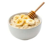 Bowl of oatmeal with banana slices and honey on a transparent background. Healthy breakfast concept. png