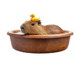 A capybara is sitting in a wooden bowl png