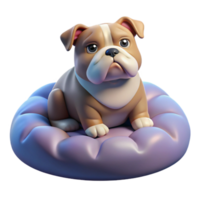 stunning vintage A grumpy bulldog sitting on a plush dog bed, illuminated by the soft, diffused light of a cloudy day, in a comical, realistic style professional png