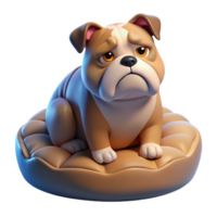 impressive classic A grumpy bulldog sitting on a plush dog bed, illuminated by the soft, diffused light of a cloudy day, in a comical, realistic style professional png