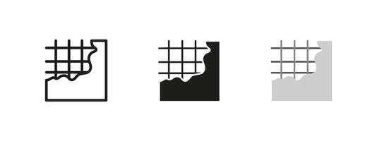 Concrete damage icon. Structural wall with exposed rebar illustration. Cracked surface symbol for construction and material deterioration. Infrastructure wear and industrial framework pictogram vector