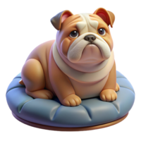 stunning artistic A grumpy bulldog sitting on a plush dog bed, illuminated by the soft, diffused light of a cloudy day, in a comical, realistic style authentic png