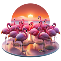 dramatic contemporary A flock of flamingos wading in a shallow lagoon, illuminated by the vibrant, pink light of a sunset, in a stunning, photorealistic style high quality png