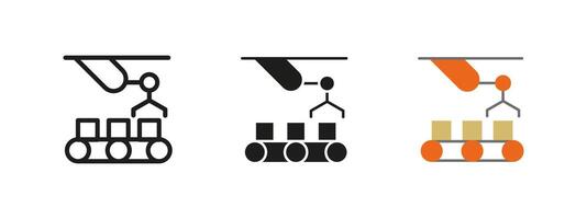 Automation icon. Industrial production illustration. Conveyor belt and robotic arm symbol. Machinery, assembly and technology sign. Manufacturing, process control and industrial engineering. vector