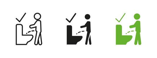 Proper toilet usage icon. Restroom hygiene instruction illustration. Correct urination etiquette sign for public and private facilities. Cleanliness pictogram for proper restroom behavior. vector