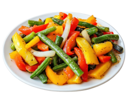 A plate of vegetables with peppers, onions and green beans png
