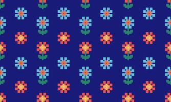a detailed seamless composed of pixel designs red and light blue flowers square on blue background , design for fabric or various pattern printing works. vector