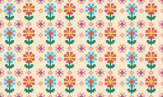 a detailed seamless composed of pixel designs with red and light blue flowers square on yellow background , design for fabric or various pattern printing works. vector
