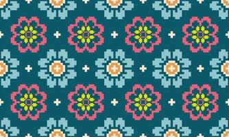 a detailed seamless composed of pixel designs with light blue and pink flowers square on green background , design for fabric or various pattern printing works. vector