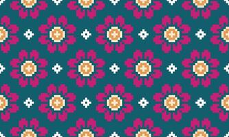 a detailed seamless composed of pixel designs with pink flowers and white square on green background , design for fabric or various pattern printing works. vector