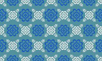 a detailed seamless composed of pixel designs with white and blue flowers square on green background , design for fabric or various pattern printing works. vector
