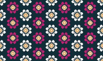 a detailed seamless composed of pixel designs with dark pink and white flowers square on dark green background , design for fabric or various pattern printing works. vector