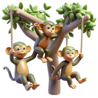 beautiful contemporary A group of playful monkeys swinging through the trees, illuminated by the dappled sunlight of a rainforest canopy, in a dynamic, realistic style exclusive png