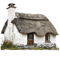 Charming Whitewashed Thatched Cottage with Stone Foundation and Small Window png