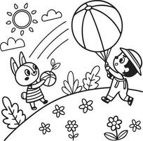 Coloring pages for kids playing in field. Line art color page and illustration design. vector