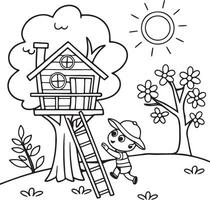 A big tree hut and a child running with sun in the sky. Kids coloring pages line art design. vector