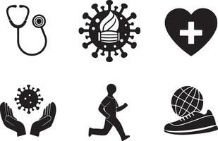 Flat black filled world health day icons set, using solid color illustration, isolated on a white background. vector