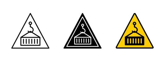 Load lifting icon. Safety warning sign for crane and suspended cargo hazards. Industrial caution symbol for heavy container handling and lifting risks. vector