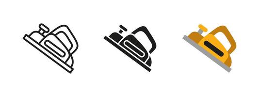 Planer tool icon. Electric woodworking illustration. Used for smoothing, leveling and shaping wood surfaces in carpentry and DIY projects. Essential tool for precise material finishing. vector
