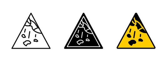 Rockfall warning icon. Falling debris hazard illustration. Landslide caution and geological risk symbol for safety in mountainous terrain and environmental awareness. vector