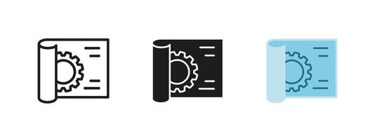 Blueprint icon. Technical drawing with a gear illustration. Engineering, architecture and industrial design symbol. Used in construction, mechanical projects and innovation concepts. vector