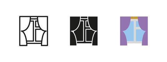 Window with curtains icon. Home interior decor illustration. Elegant window frame with draped fabric symbol. Architectural and design element for apartments, houses and office spaces. vector